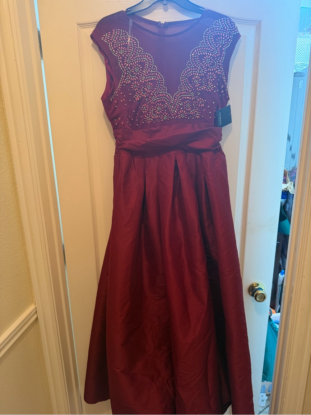 MARINA Ruby Red Beaded Cap-Sleeve Formal Dress Sz12 NWT